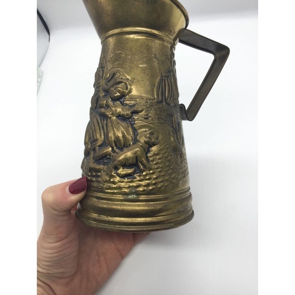 Vintage 8” brass pitcher windmill England dog sailboat chicken street country - Picture 6 of 9